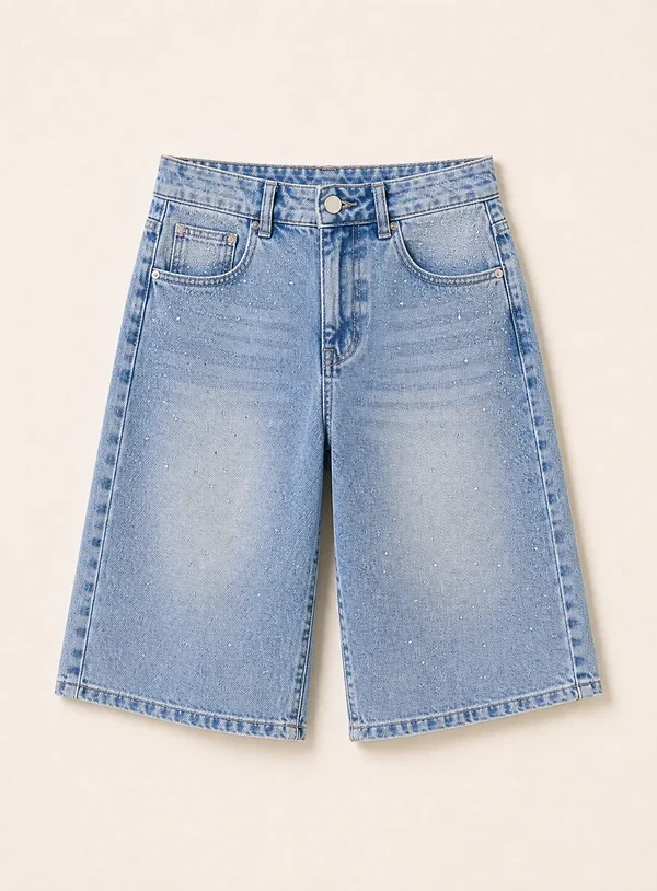 Bermuda in Denim Chiaro con Stras - immagine 1
