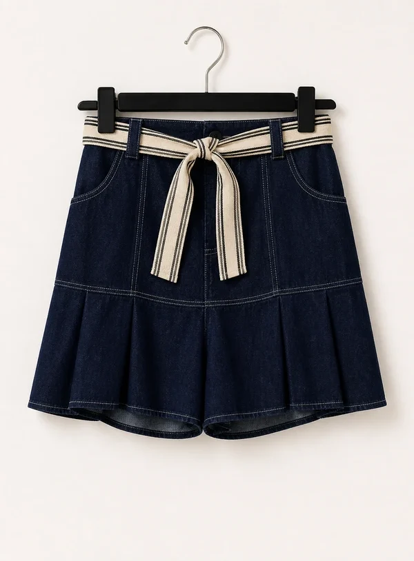 Gonna a Pieghe in Denim con Cintura - immagine 1