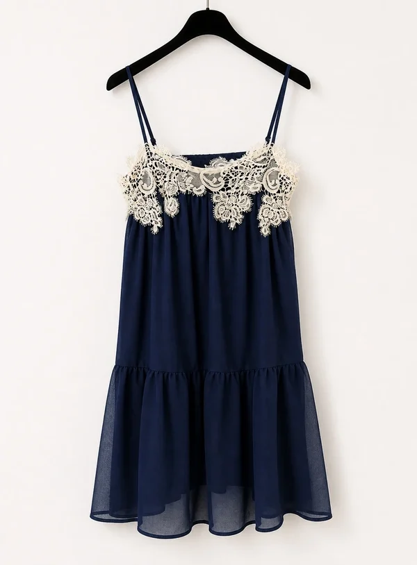 Abito in Mussola Spalline Sottili con Pizzo Blu - immagine 1