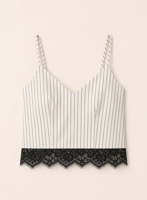 Top gessato spalline sottili base ecru con pizzo nero - immagine 1