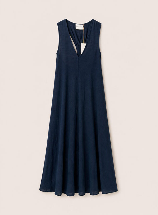 Abito blu maxi in cotone spalla larga con fiocco dietro - immagine 1