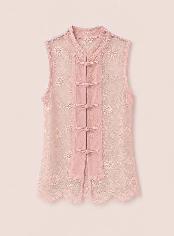 Top in pizzo Tokyo con alamari rosa - immagine 1