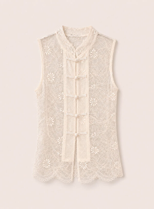 Top in pizzo Tokyo con alamari burro - immagine 1