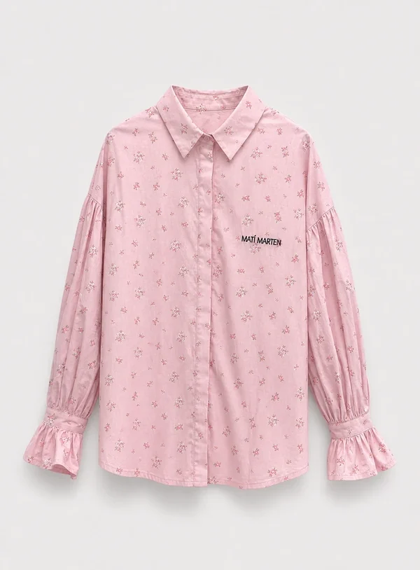 Camicia stampa floreale rosa con manica arricciata