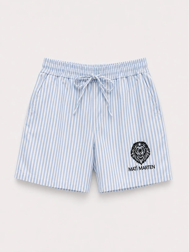 Pantaloncini con riga celeste e ricamo logo in cotone