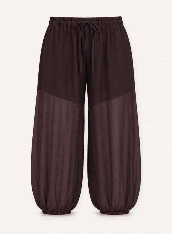 Pantalone balloon tessuto mussola cioccolato con elastico in vita e sul fondo - immagine 1